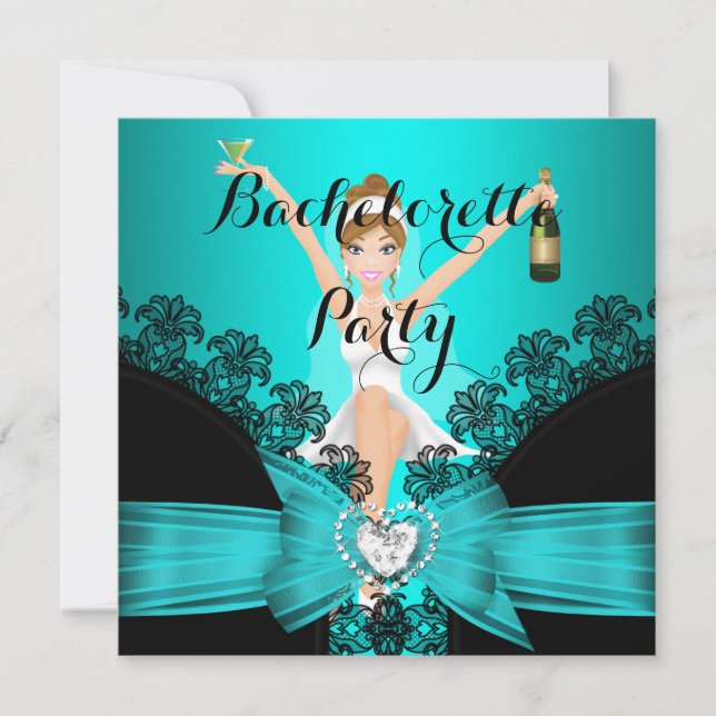Invitation Bachelorette Party Turquoise Blue Black Lace fun (Devant)