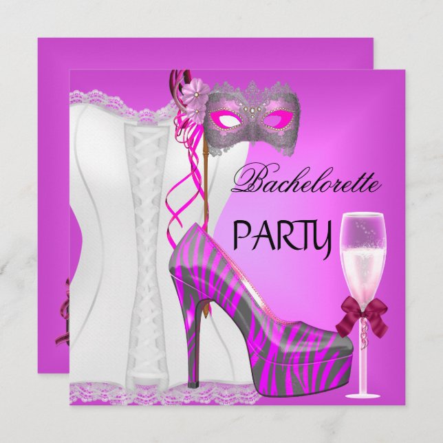 Invitation Bachelorette Party White Corset rose Zebra Chaussu (Devant / Derrière)