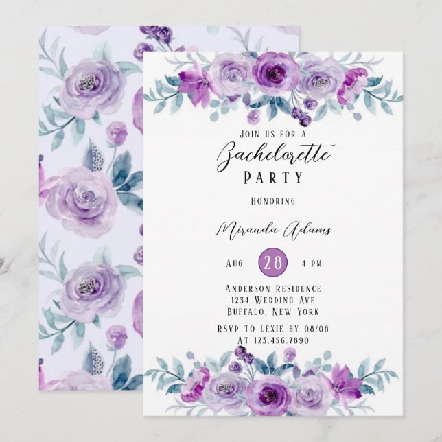 Invitation Bachelorette Peony Peony Violet Eucalyptus (Devant / Derrière)