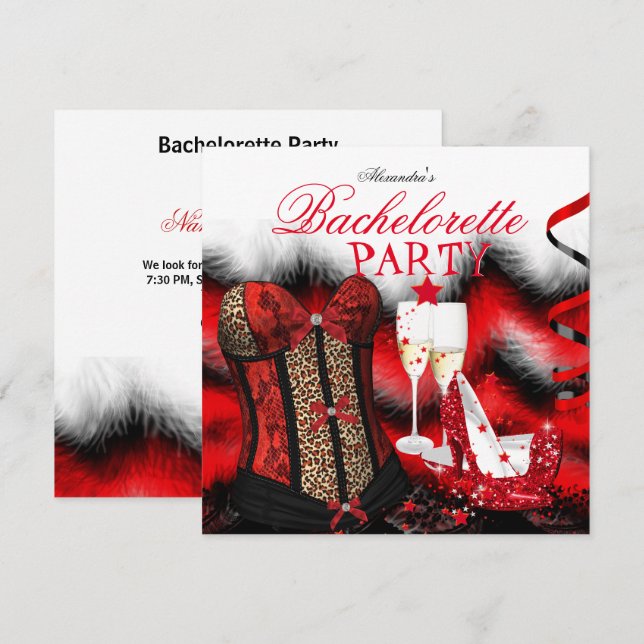 Invitation Bachelorette Plumes Rouge Corse Champagne Talons (Devant / Derrière)