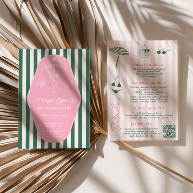 Invitation Bachelorette Rétro Rose Et Vert Beverly Hills (Preppy pink and green bachelorette beach weekend invitation with hand drawn icons)