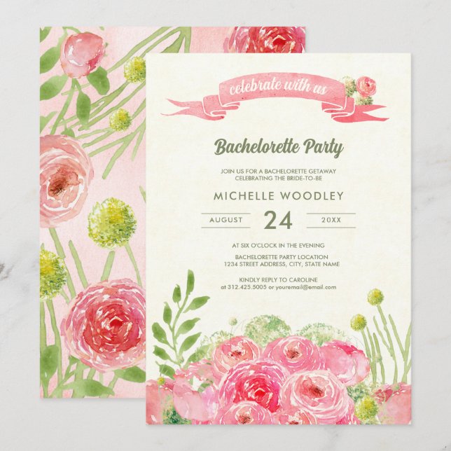 Invitation Bachelorette romantique Rose aquarelle (Devant / Derrière)