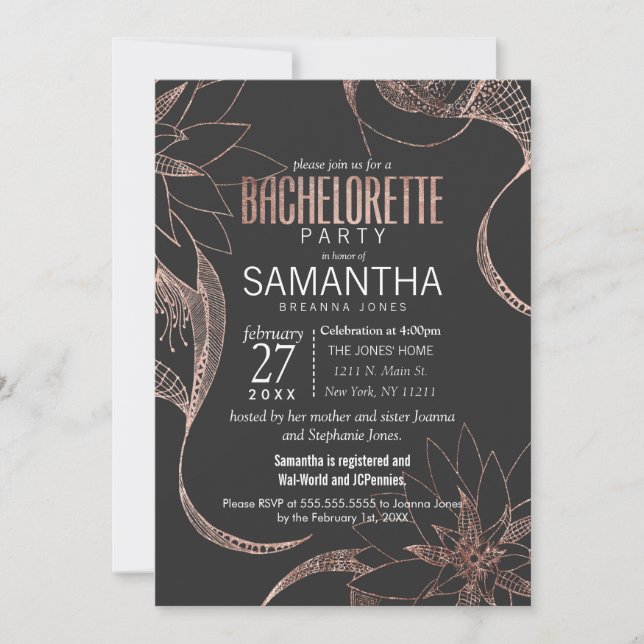 Invitation Bachelorette Rose moderne de dessin floral or (Devant)