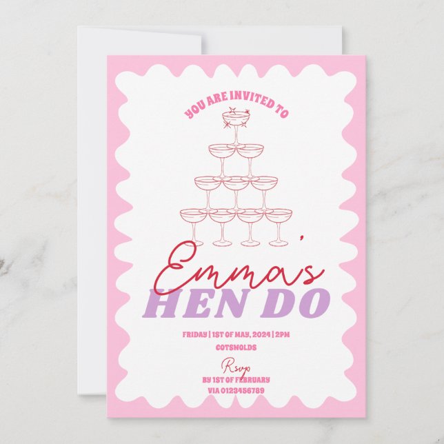 Invitation Bachelorette rose rouge ondulé (Devant)