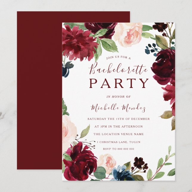 Invitation Bachelorette rouge florale de Bourgogne (Devant / Derrière)