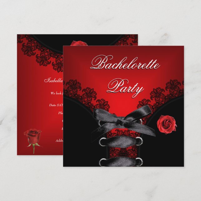 Invitation Bachelorette Rouge Rose Black Lace (Devant / Derrière)