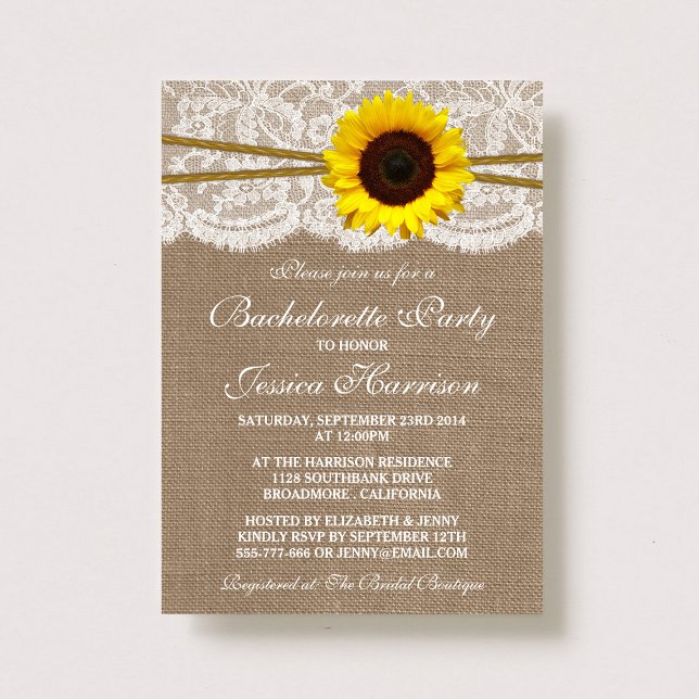 Invitation Bachelorette Rustique Tournesol, Dentelle & Twine (Créateur téléchargé)