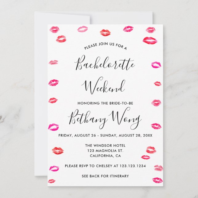 Invitation Bachelorette Week-end Itinéraire Kiss Lipstick (Devant)