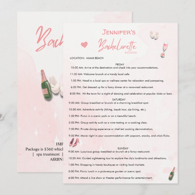 Invitation Bachelorette Weekend - Itinéraire modifiable (Devant / Derrière)