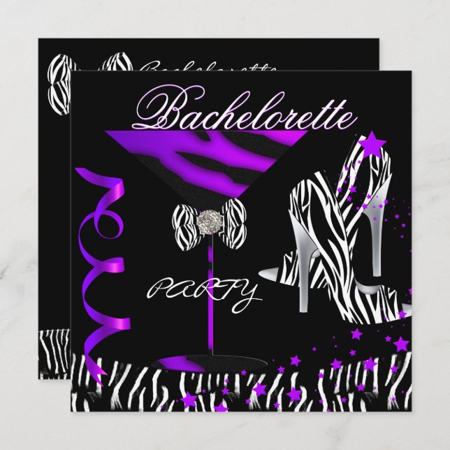 Invitation Bachelorette Zebra Purple Cocktail (Devant / Derrière)