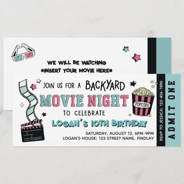 Invitation Backyard Movie Night, Any Age Birthday Party (Devant / Derrière)
