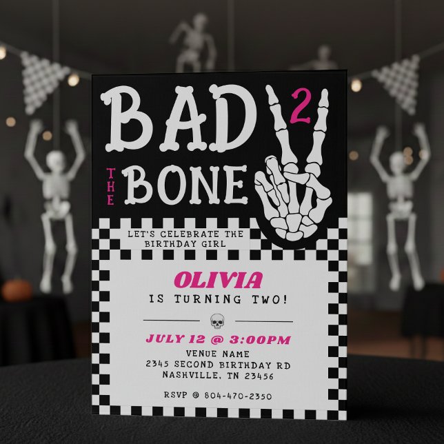 Invitation Bad 2 the Bone Skeleton Pink 2nd Birthday Party (Bad 2 the Bone Skeleton Pink 2nd Birthday Party Invitation
)