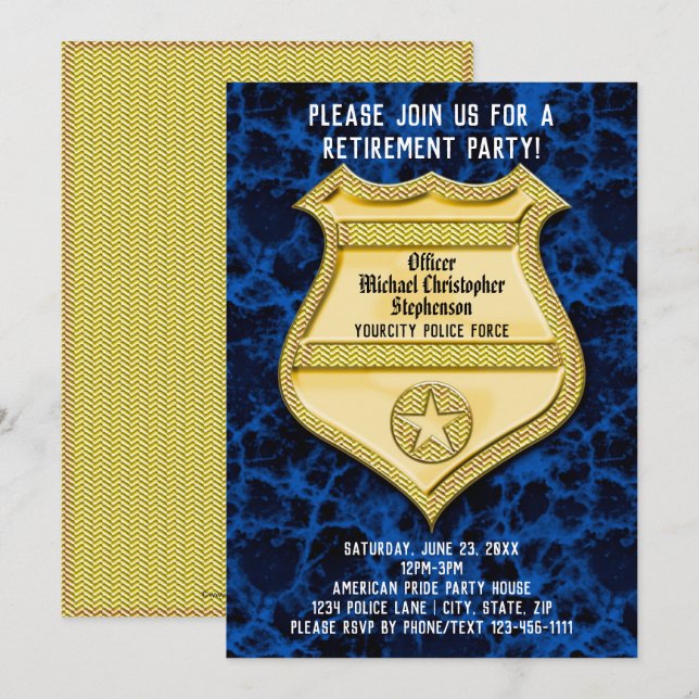 Invitation Badge Bleu Marbre Police Officier Parti de retrait (Devant / Derrière)