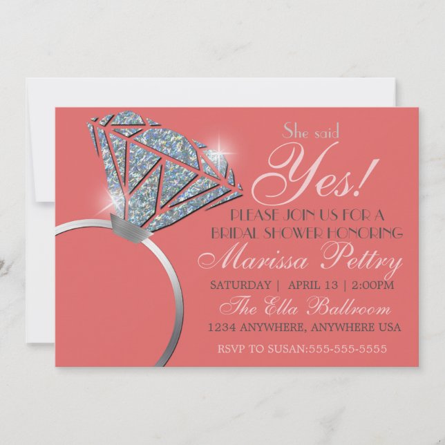 Invitation Bague en diamant, douche de mariée Bling, elle a d (Devant)