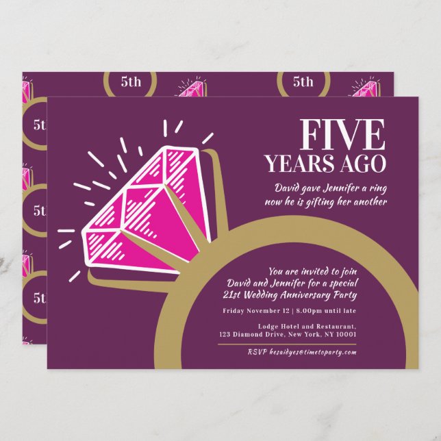 Invitation bague en tourmaline rose pour les 5 ans de mariage (Devant / Derrière)