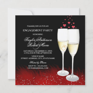 Invitation Bague Rouge Noir Champagne Cœur Fiançailles Soirée