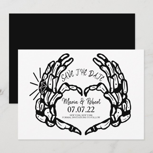 Invitation Bagues de mariage coeur en forme de squelette noir (Devant / Derrière)