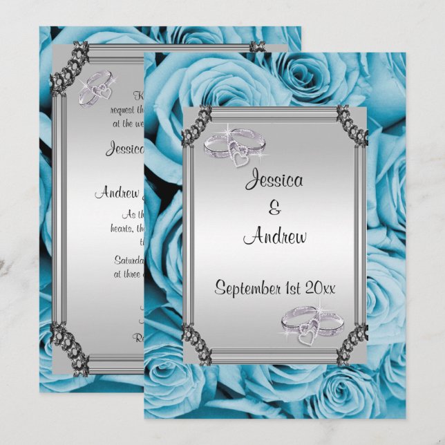 Invitation Bagues de Roses bleus et Mariages diamant (Devant / Derrière)