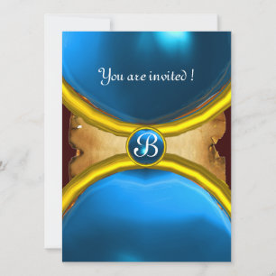 Invitation BAGUES MAGIQUES, parchemin monogramme gemme bleue