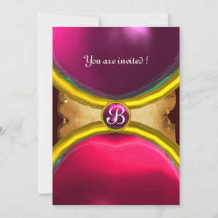 Invitation BAGUES MAGIQUES, parchemin monogramme gemme rose