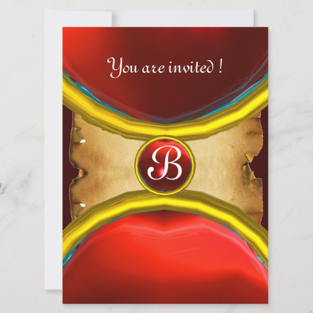 Invitation BAGUES MAGIQUES , parchemin monogramme gemme rouge (Devant)