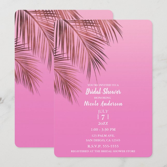 Invitation Bahama Breeze Bronze Palm Fête des mariées rose (Devant / Derrière)