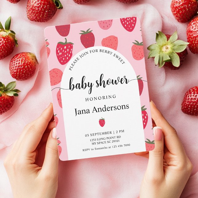 Invitation "Baie douce Fête bébé aux fraises rose et rouge" (Créateur téléchargé)