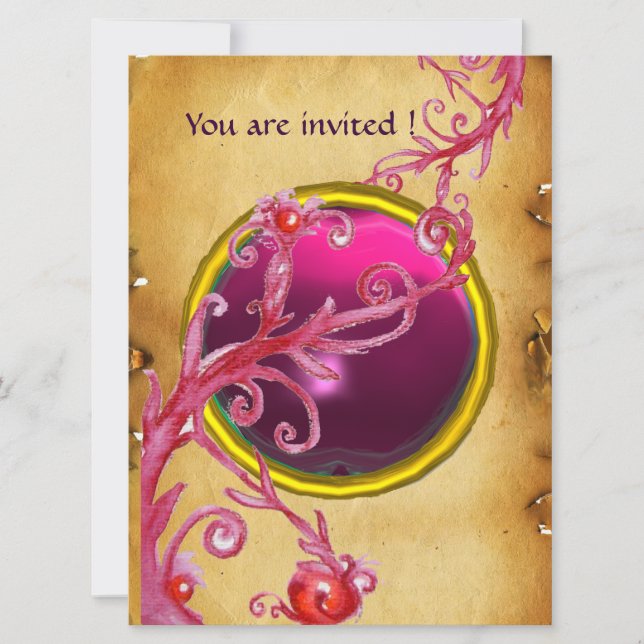 Invitation BAIES MAGIQUES PARCHEMIN GEMME rubis rouge (Devant)