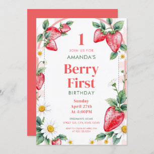 Invitation Baies neutres Pastel Fraises 1er Anniversaire