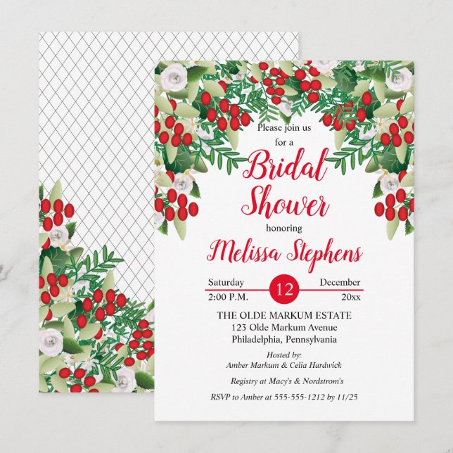 Invitation Baies Red Holly | Fête des mariées florale Rose (Devant / Derrière)