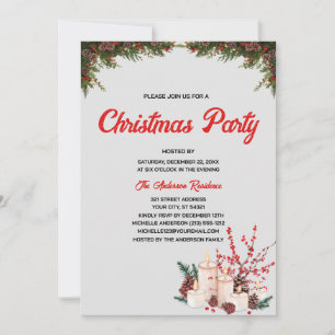 Invitation Baies rouges aquarelle, arbre pin Noël Party