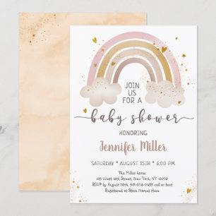 Invitation Baigne bébé arc-en-ciel Boho Gold Nuages