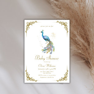 Invitation Baignée de bébé élégant paon vintage or