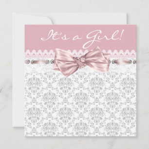 Invitation Baignée de bébé fille rose gris damassé