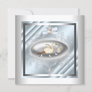 Invitation Baignée de bébé garçon Silver Blue Stork