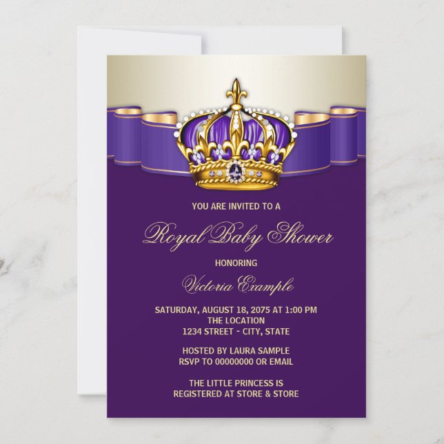 Invitation Baignée de bébé Princesse Or Violet Royal (Devant)