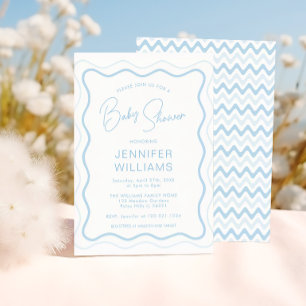 Invitation Bain Bébé Garçon Cadre Vague Bleu Scallop