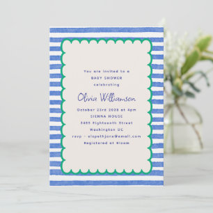 Invitation Bain Bébé Garçon Vintage Rayure Vert Bleu Scallop