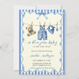 Invitation Bain de bébé à l'aquarelle Ourson en jean bleu