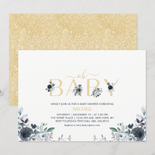 Invitation Bain de bébé élégant bleu marine et or floral Boho