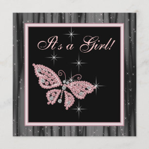 Invitation Bain de bébé fille papillon rose noir Jewel