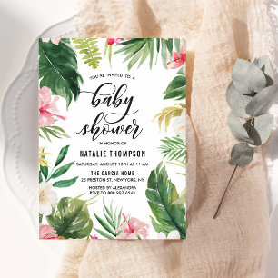 Invitation Bain de bébé Fleur d'Hibiscus Tropical Aquarelle