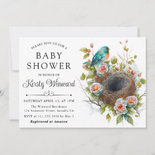 Invitation Bain de bébé Fleur Florale Aquarelle Nid d'oiseau 