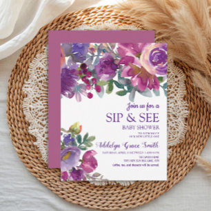 Invitation Bain de bébé Fleurs aquarelle Or Violet Sip See