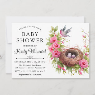 Invitation Bain de bébé Fleurs Aquarelle Printemps Nid d'oise