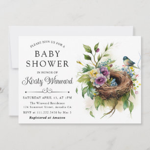 Invitation Bain de bébé Fleurs Aquarelles Nid d'oiseau de pri