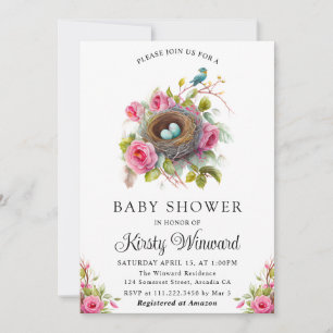 Invitation Bain de bébé Fleurs aquarelles Nid d'oiseau de pri