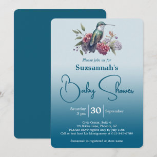 Invitation Bain de bébé Fleurs et Colibri Ombré Sarcelle