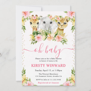 Invitation Bain de bébé Fleurs Jungle Mignonnes Aquarelle