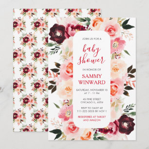 Invitation Bain de bébé floral rouge Bourgogne et rose tendre